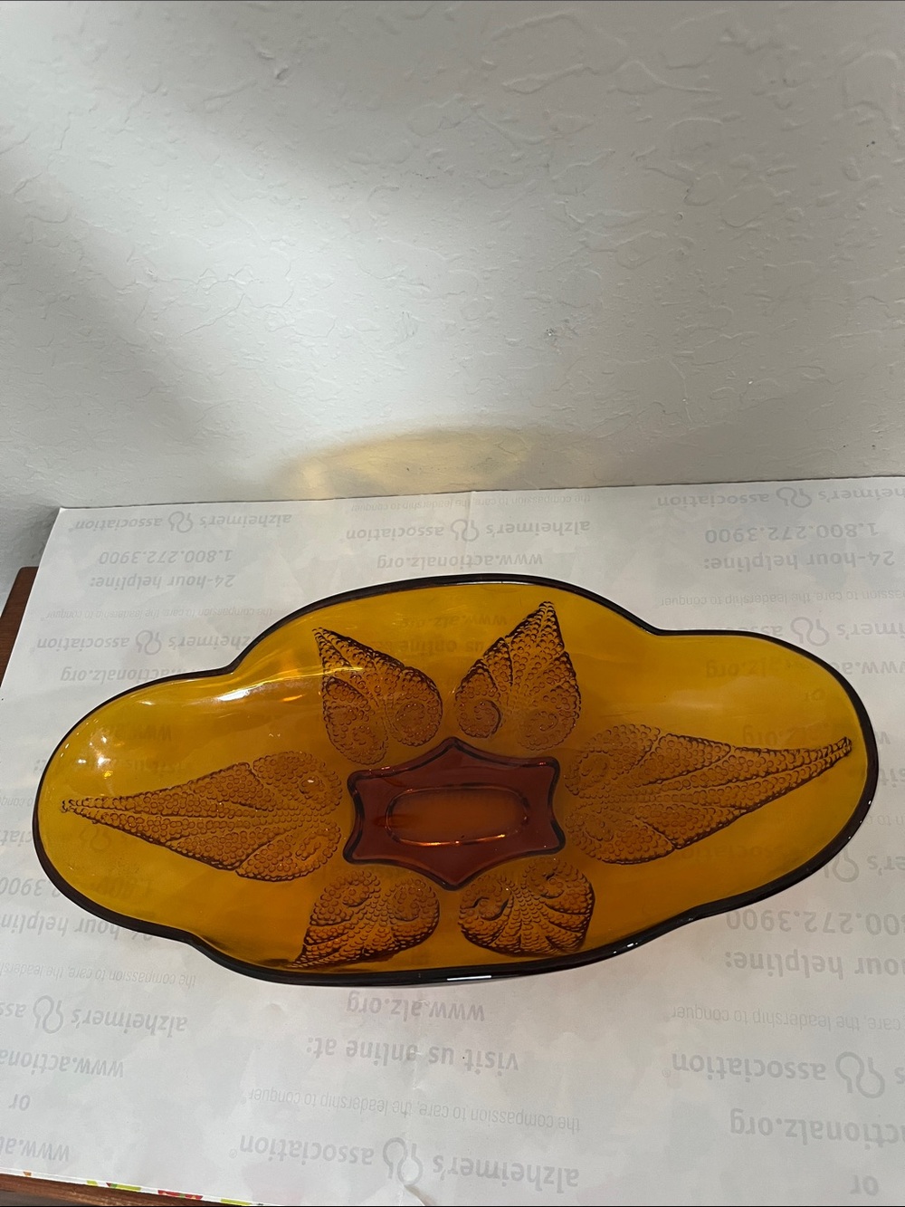 Vintage Indiana Glass MCM Amber Stippled leaf Design 10x5